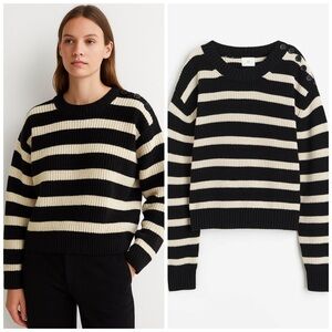 H&M Striped Button Shoulder Knit Sweater in Black and Cream